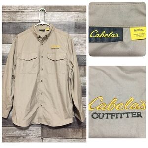 Cabela’s Outfitter Button Up Shirt Men’s M Beige Tan Roll Sleeve Casual